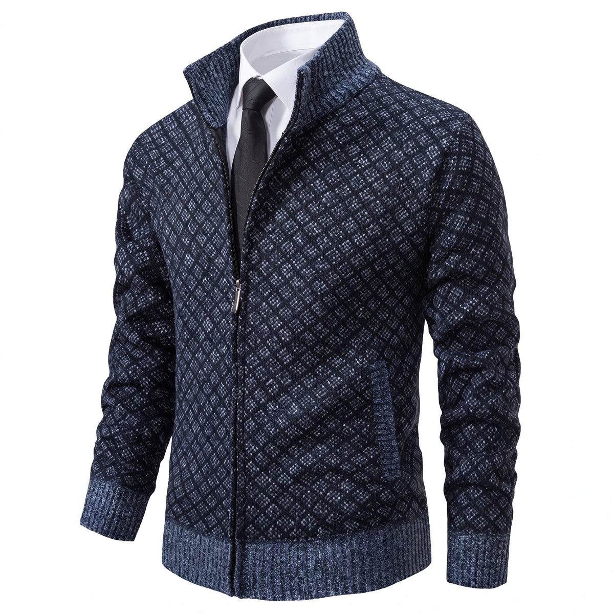 Marcus - Men's Zip-Up Diamond Knit Pattern and Stand Collar - Coats & Jackets - Blue - Parker&Brooks