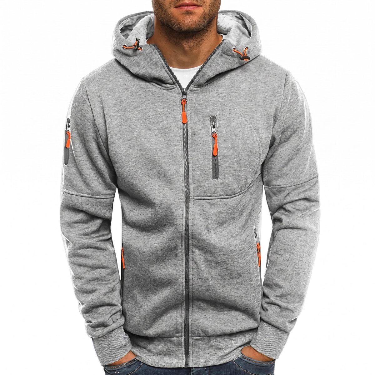 Marcus - Men's Zip-Up Hooded Sweatshirt with Contrast Zippers - Hoodies - Light Gray - Sarvento