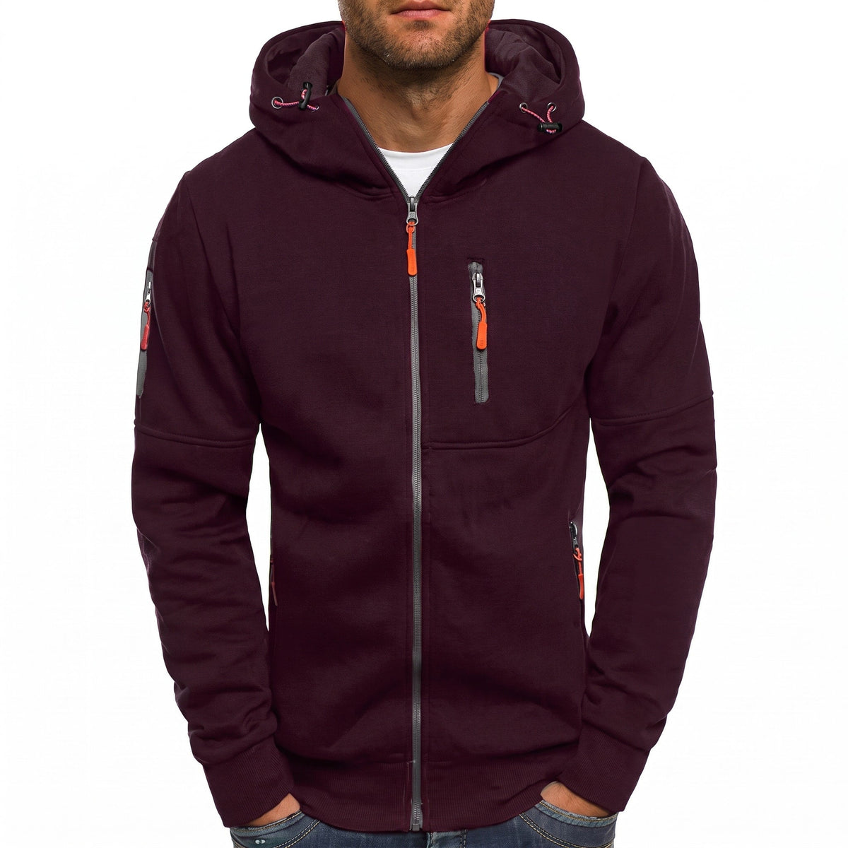Marcus - Men's Zip-Up Hooded Sweatshirt with Contrast Zippers - Hoodies - Red - Sarvento