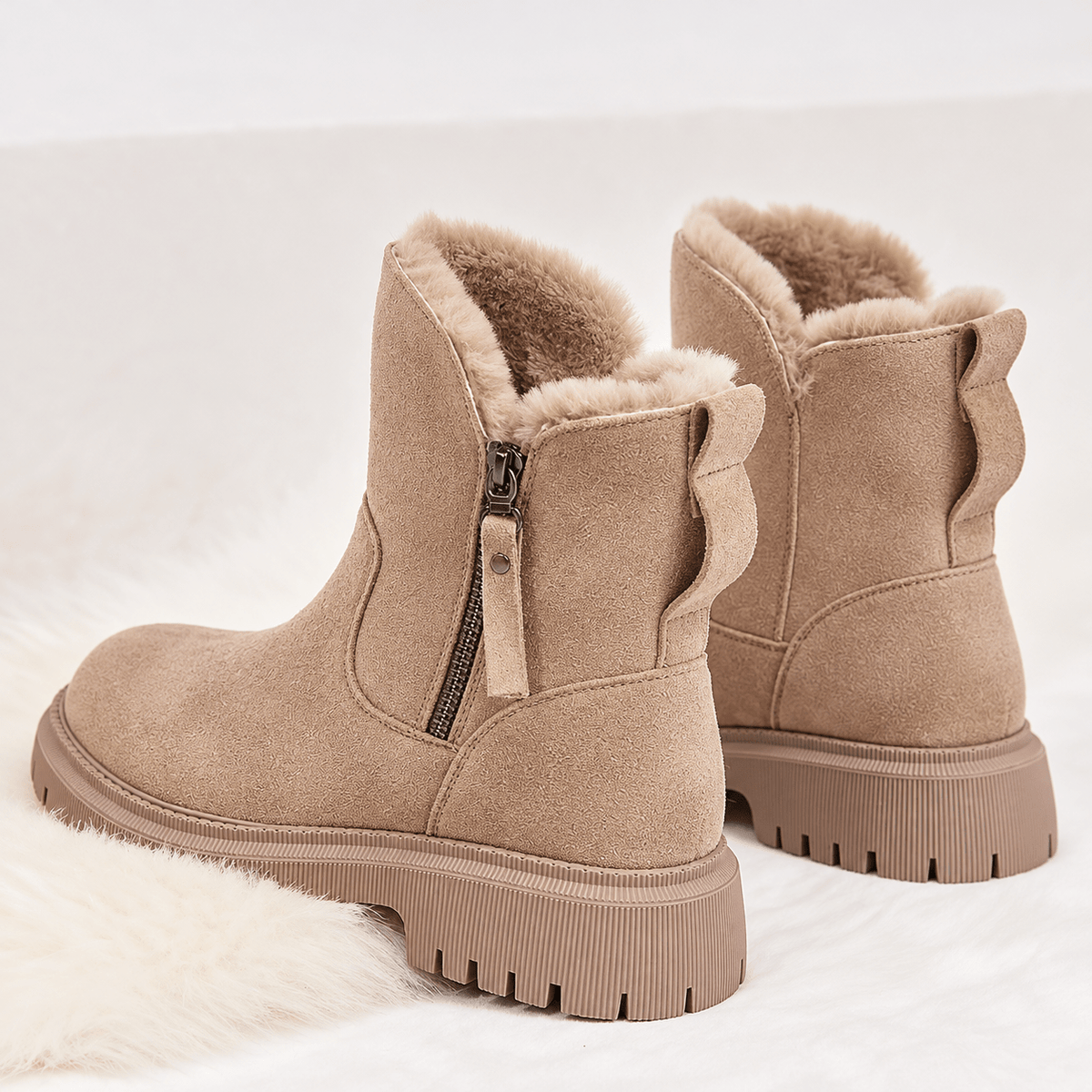 Margaret – Women’s Faux Fur Lined Zip-Up Ankle Boots - Boots - Beige - Sarvento