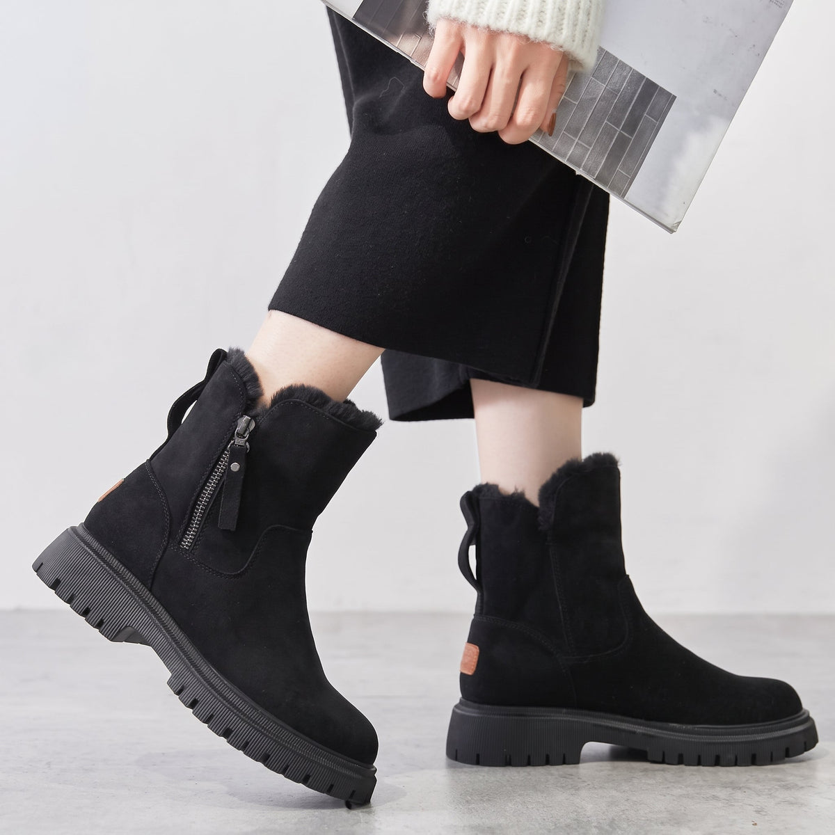Margaret – Women’s Faux Fur Lined Zip-Up Ankle Boots - Boots - Black - Sarvento