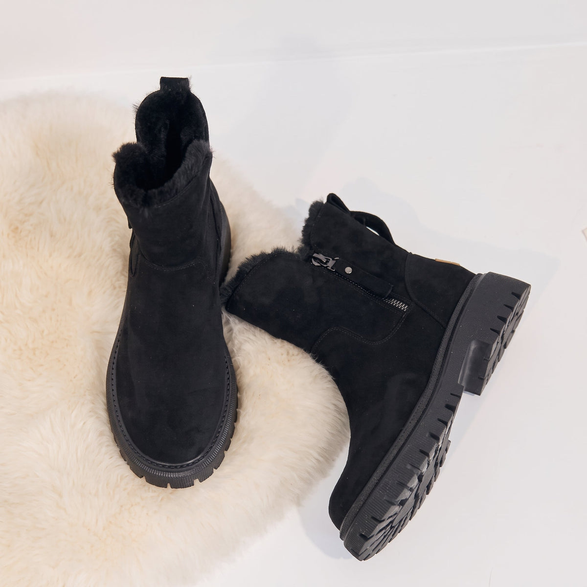 Margaret – Women’s Faux Fur Lined Zip-Up Ankle Boots - Boots - Black - Sarvento