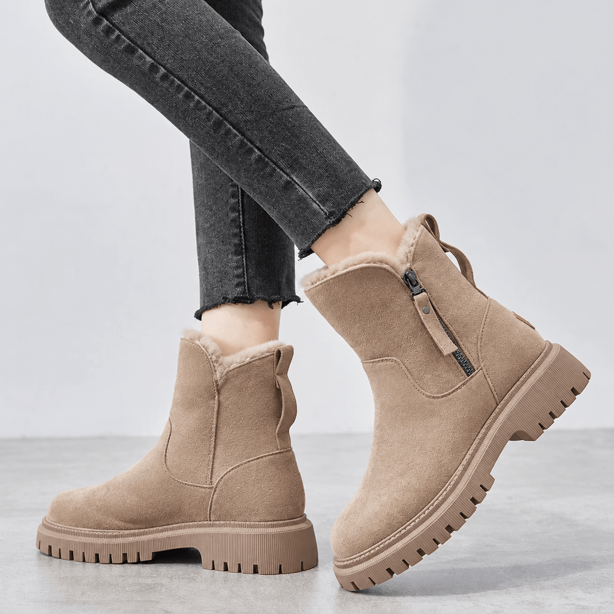 Margaret – Women’s Faux Fur Lined Zip-Up Ankle Boots - Boots - Beige - Sarvento