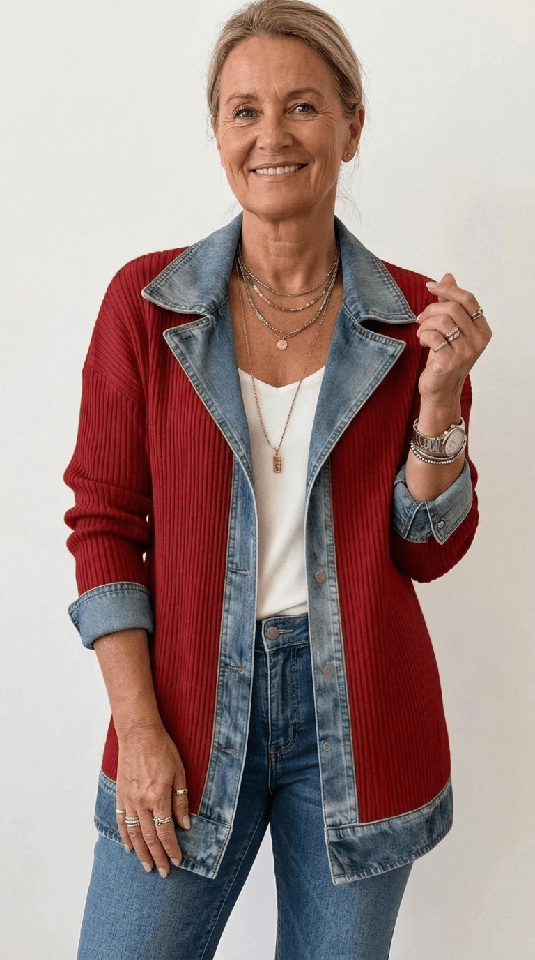 Margaret - Women's Longline Denim-Trim Jacket with Notch Collar - Coats & Jackets - Brown - Parker&Brooks