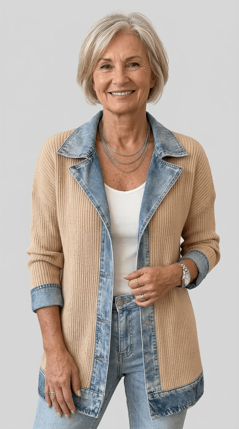 Margaret - Women's Longline Denim-Trim Jacket with Notch Collar - Coats & Jackets - Brown - Parker&Brooks