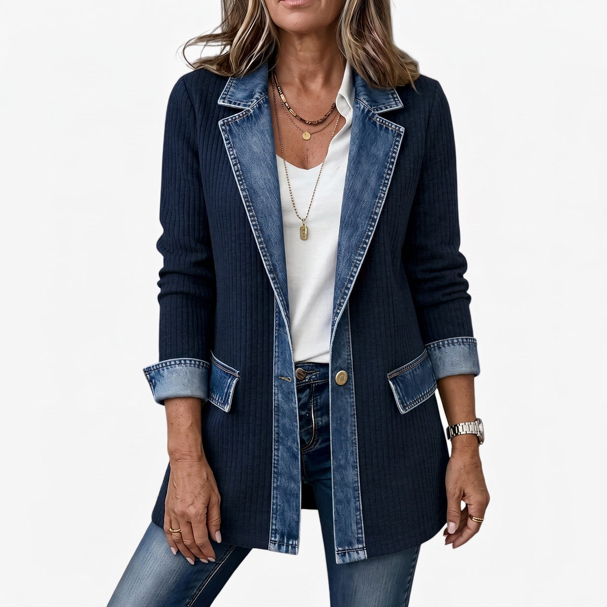 Margaret - Women's Longline Denim-Trim Jacket with Notch Collar - Coats & Jackets - Navy Blue - Parker&Brooks