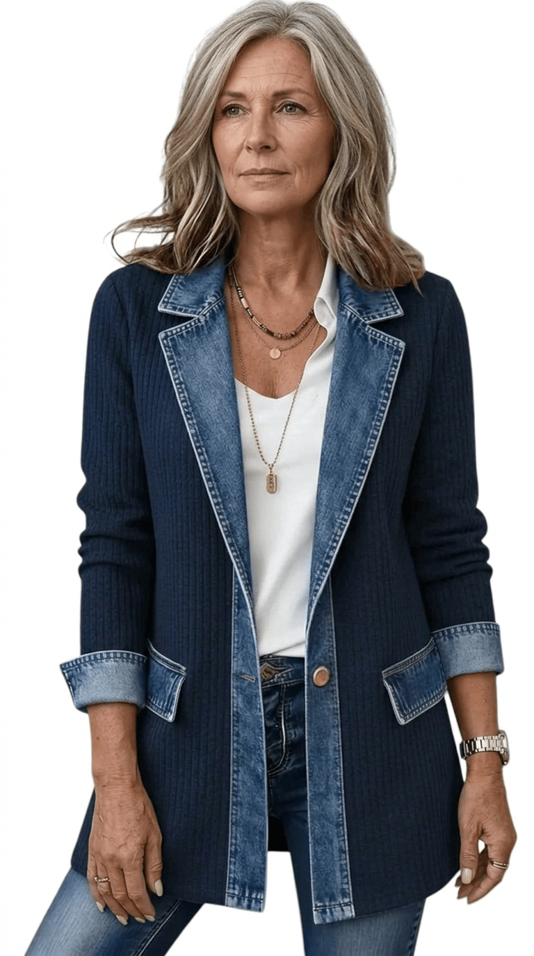 Margaret - Women's Longline Denim-Trim Jacket with Notch Collar - Coats & Jackets - Brown - Parker&Brooks