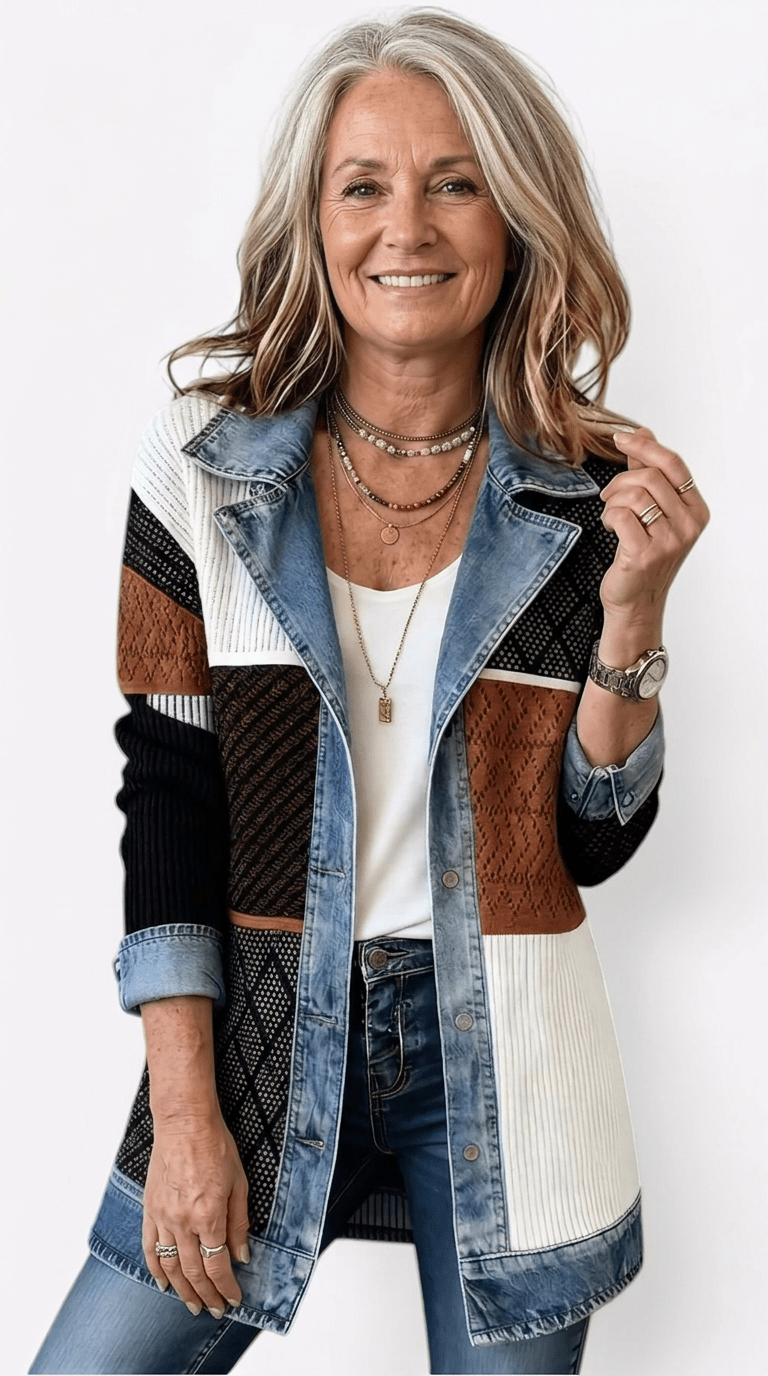 Margaret - Women's Longline Denim-Trim Jacket with Notch Collar - Coats & Jackets - Brown - Parker&Brooks