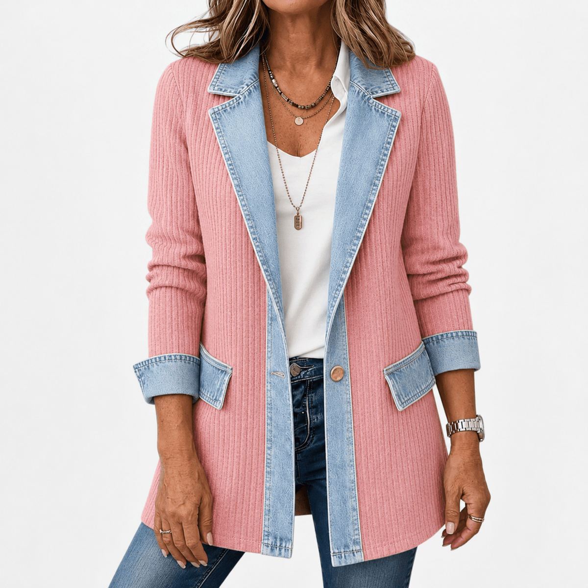 Margaret - Women's Longline Denim-Trim Jacket with Notch Collar - Coats & Jackets - Brown - Parker&Brooks