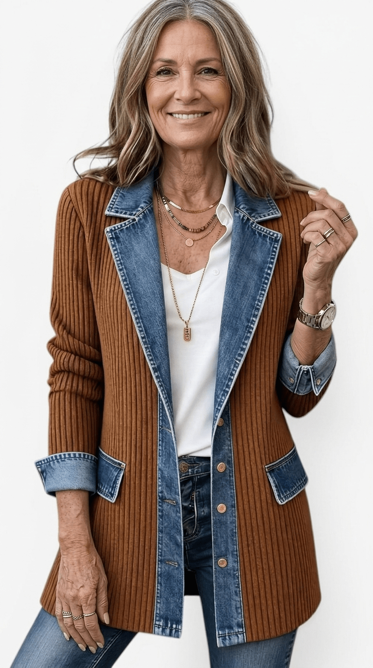 Margaret - Women's Longline Denim-Trim Jacket with Notch Collar - Coats & Jackets - Brown - Parker&Brooks