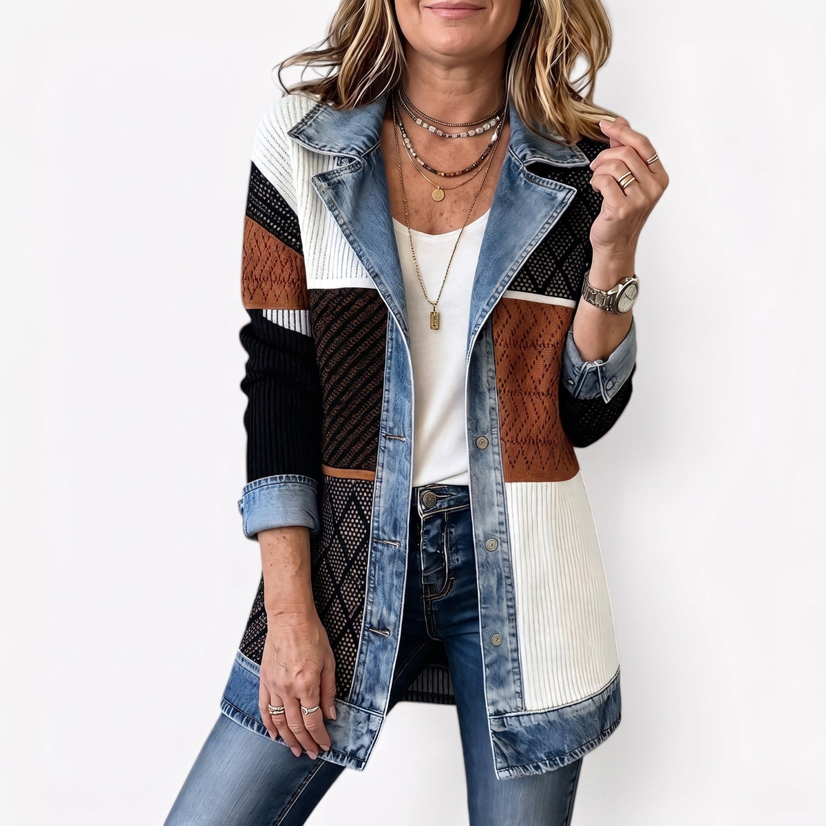 Margaret - Women's Longline Denim-Trim Jacket with Notch Collar - Coats & Jackets - Light Brown - Parker&Brooks