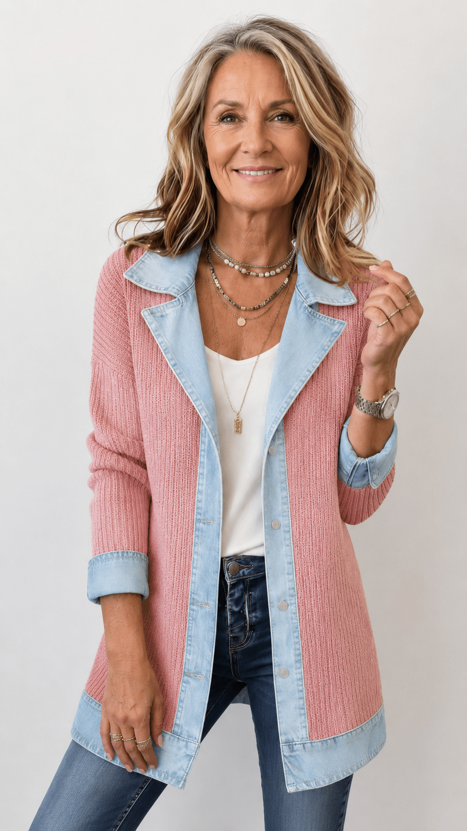 Margaret - Women's Longline Denim-Trim Jacket with Notch Collar - Coats & Jackets - Brown - Parker&Brooks