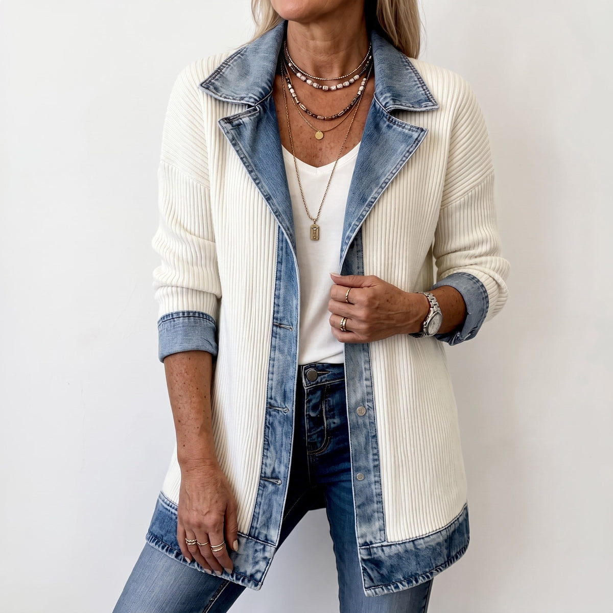 Margaret - Women's Longline Denim-Trim Jacket with Notch Collar - Coats & Jackets - White - Parker&Brooks