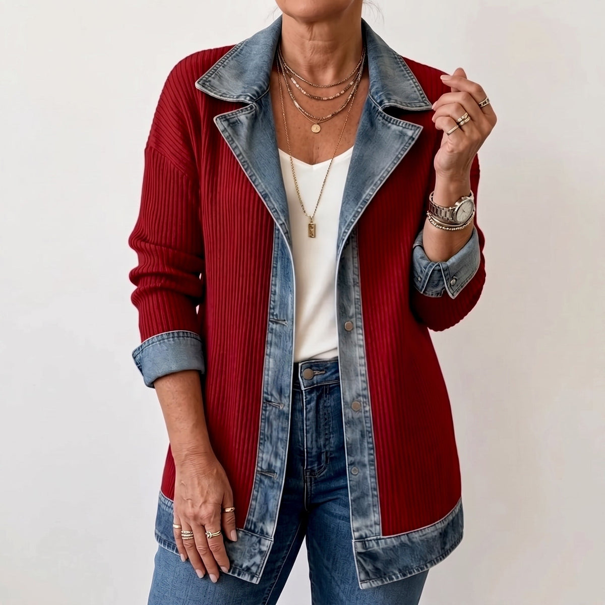 Margaret - Women's Longline Denim-Trim Jacket with Notch Collar - Coats & Jackets - Red - Parker&Brooks