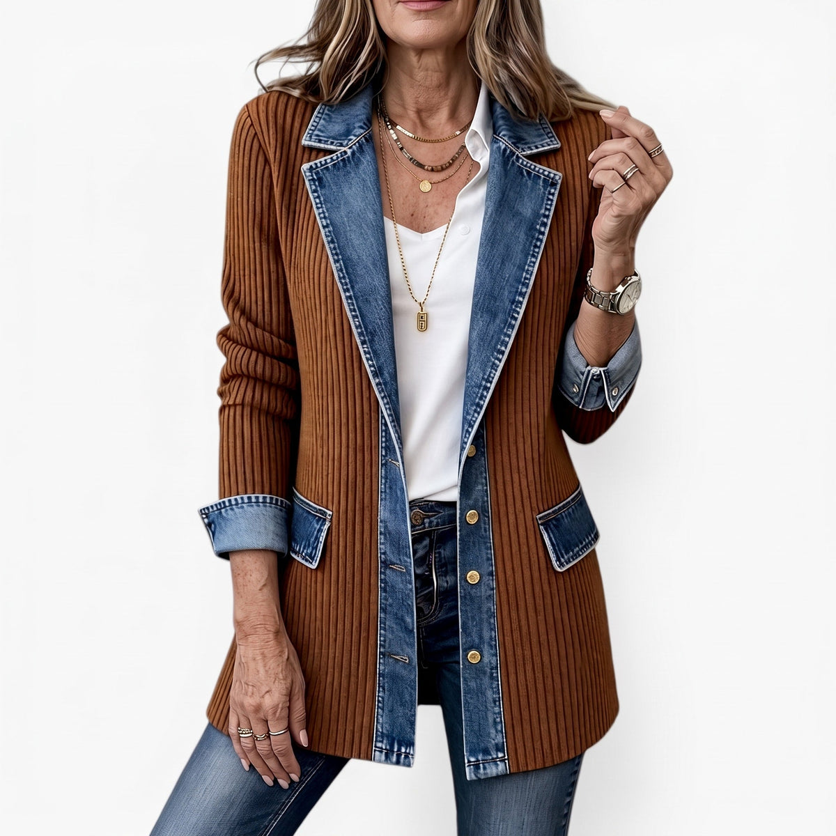 Margaret - Women's Longline Denim-Trim Jacket with Notch Collar - Coats & Jackets - Brown - Parker&Brooks