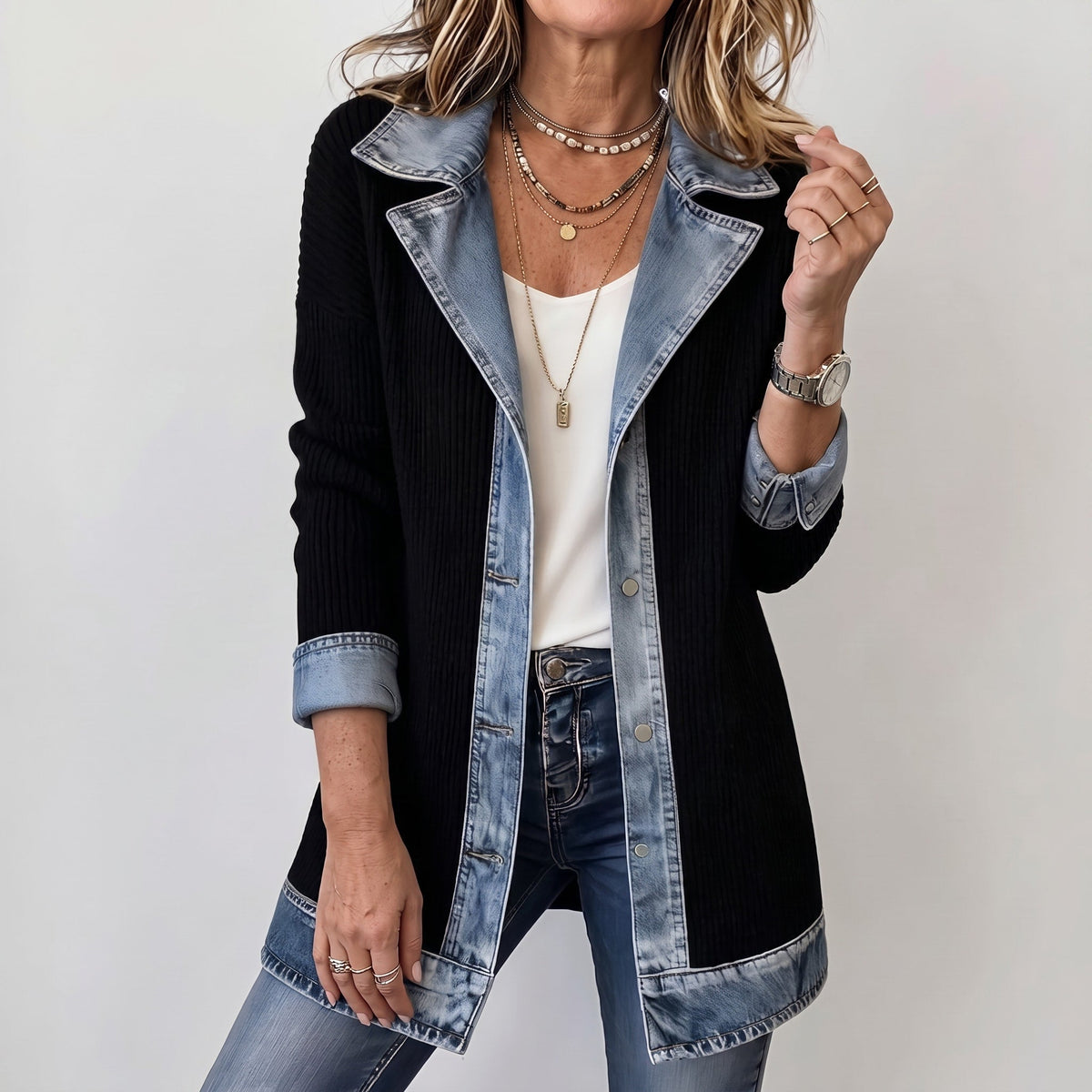 Margaret - Women's Longline Denim-Trim Jacket with Notch Collar - Coats & Jackets - Black - Parker&Brooks