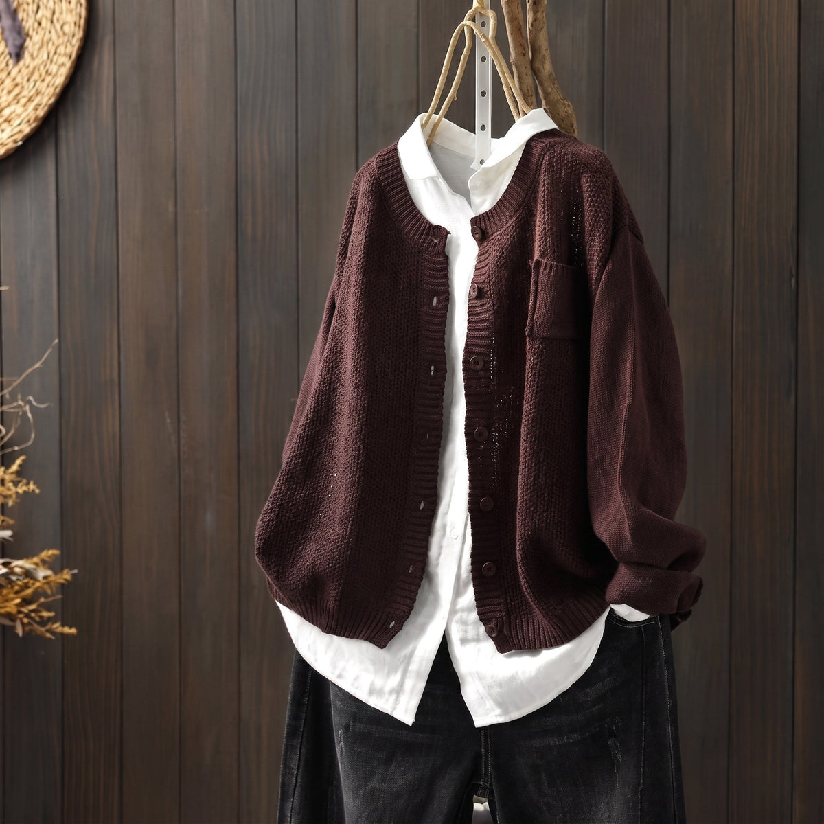 Margaret - Women's Oversized Button-Front Cardigan with Chest Pocket - Cardigans - Brown - Parker&Brooks