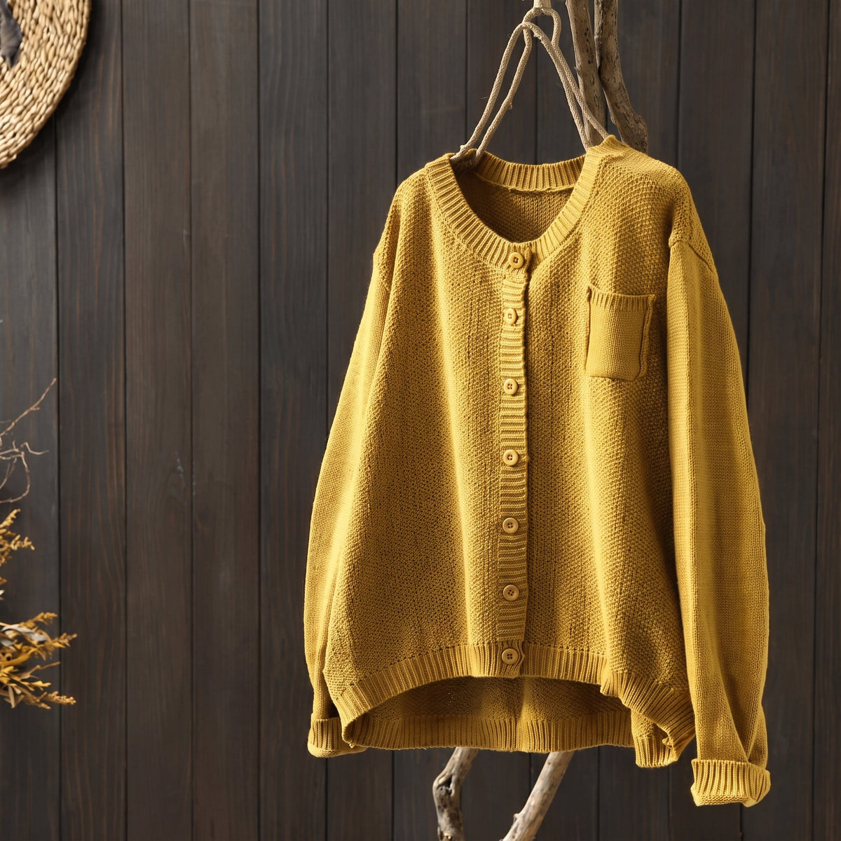 Margaret - Women's Oversized Button-Front Cardigan with Chest Pocket - Cardigans - Yellow - Parker&Brooks