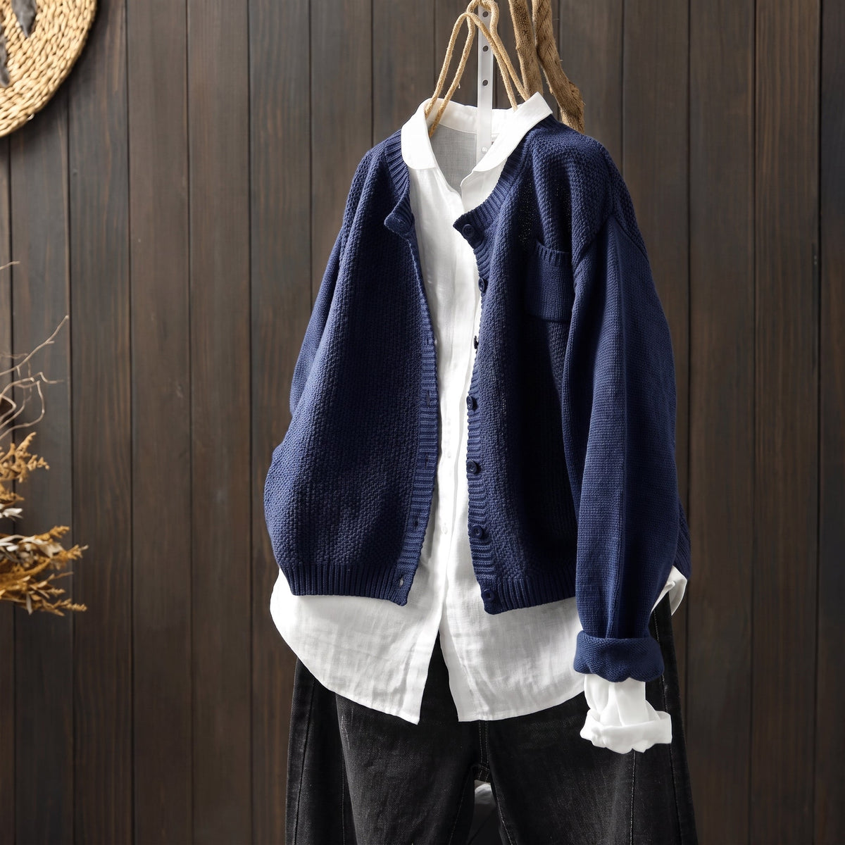 Margaret - Women's Oversized Button-Front Cardigan with Chest Pocket - Cardigans - Blue - Parker&Brooks