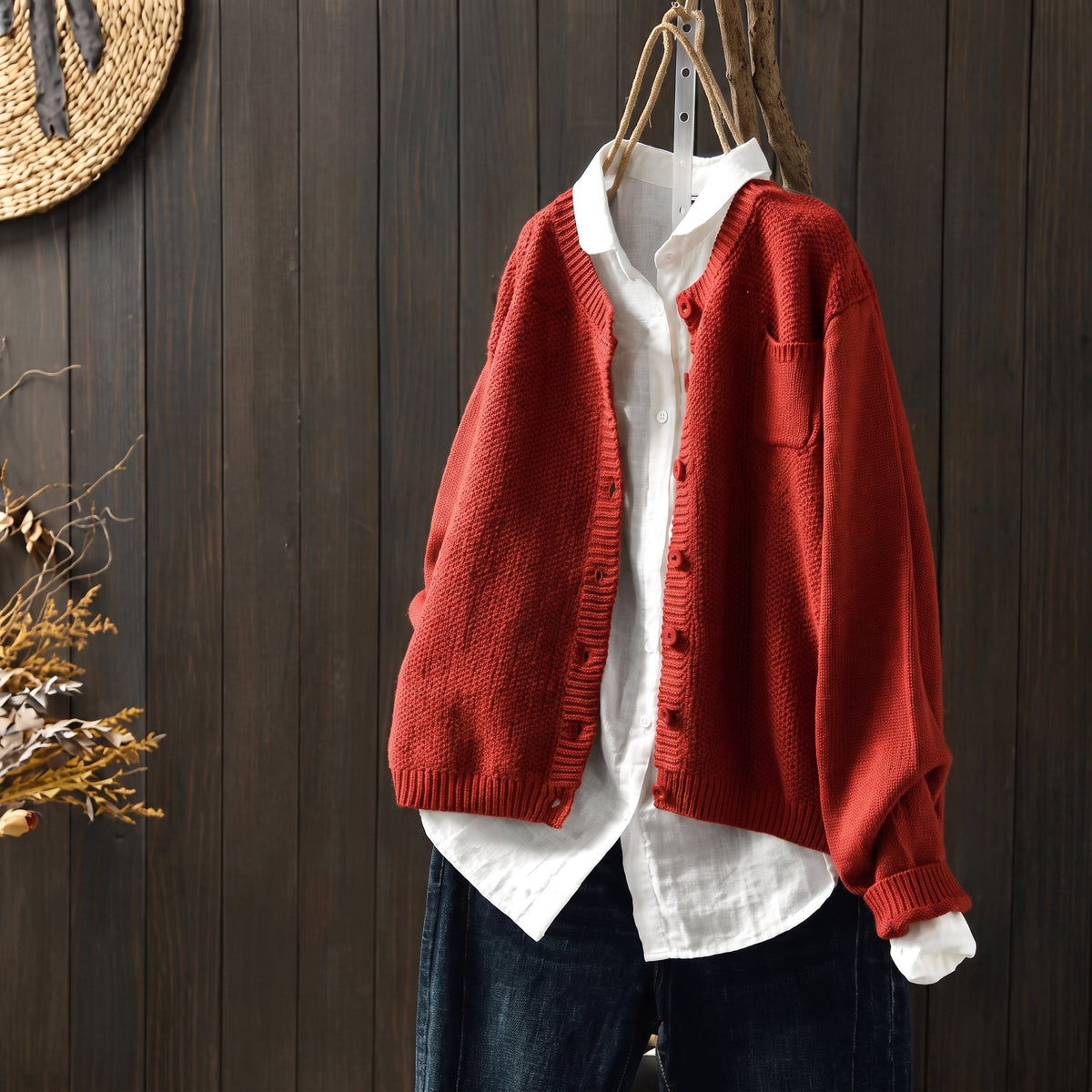 Margaret - Women's Oversized Button-Front Cardigan with Chest Pocket - Cardigans - Red - Parker&Brooks