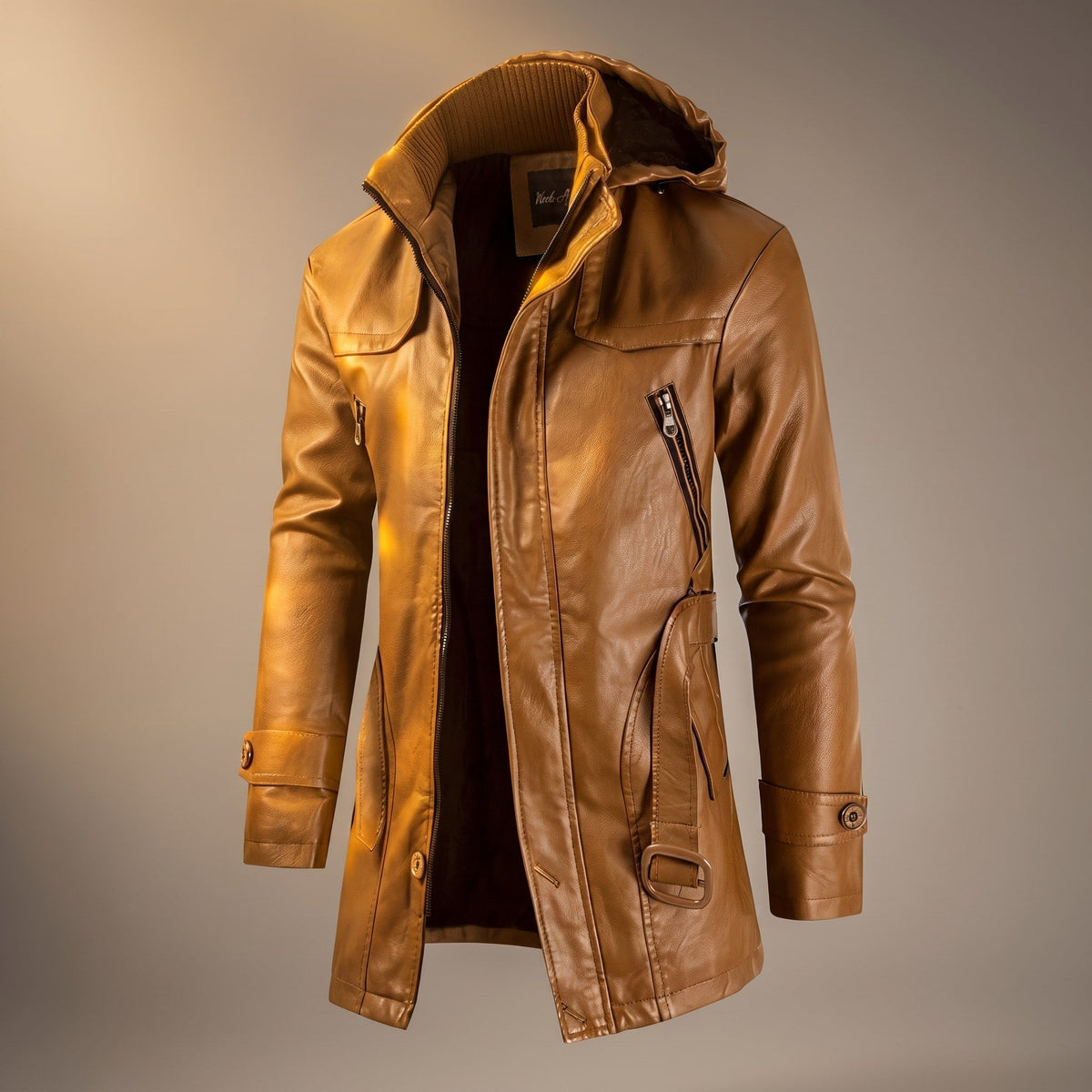 Marvin - Men's Hooded Longline Jacket with Belted Waist - Coats & Jackets - Brown - Parker&Brooks