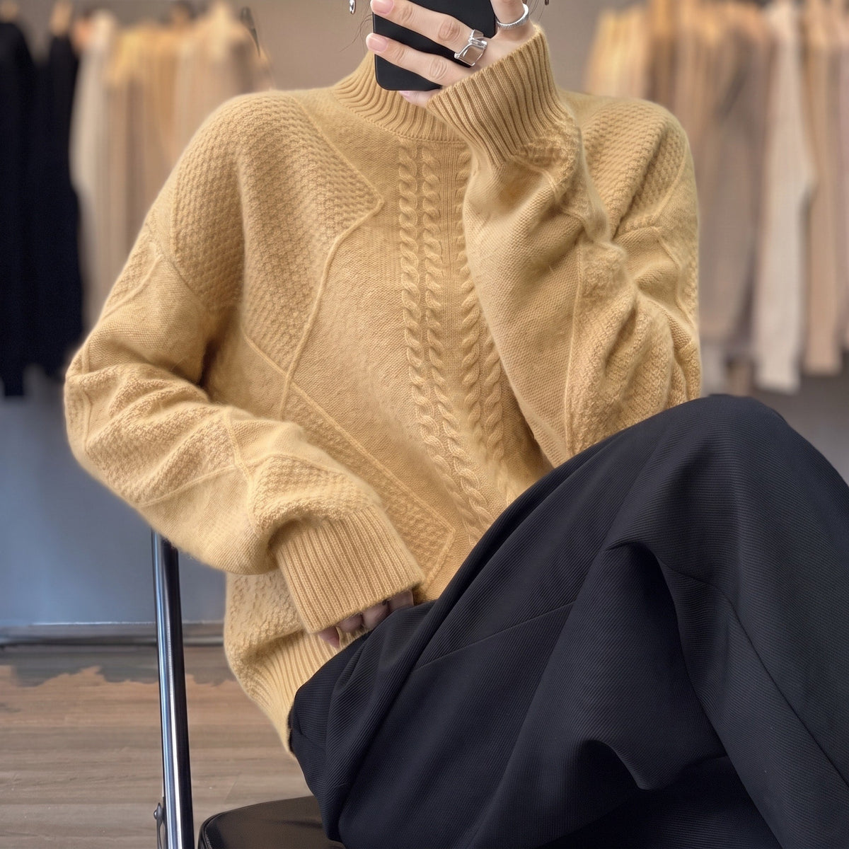 Mia - Women's Cable-Knit Turtleneck Sweater with Ribbed Mock Neck - Sweaters - Beige - Sarvento
