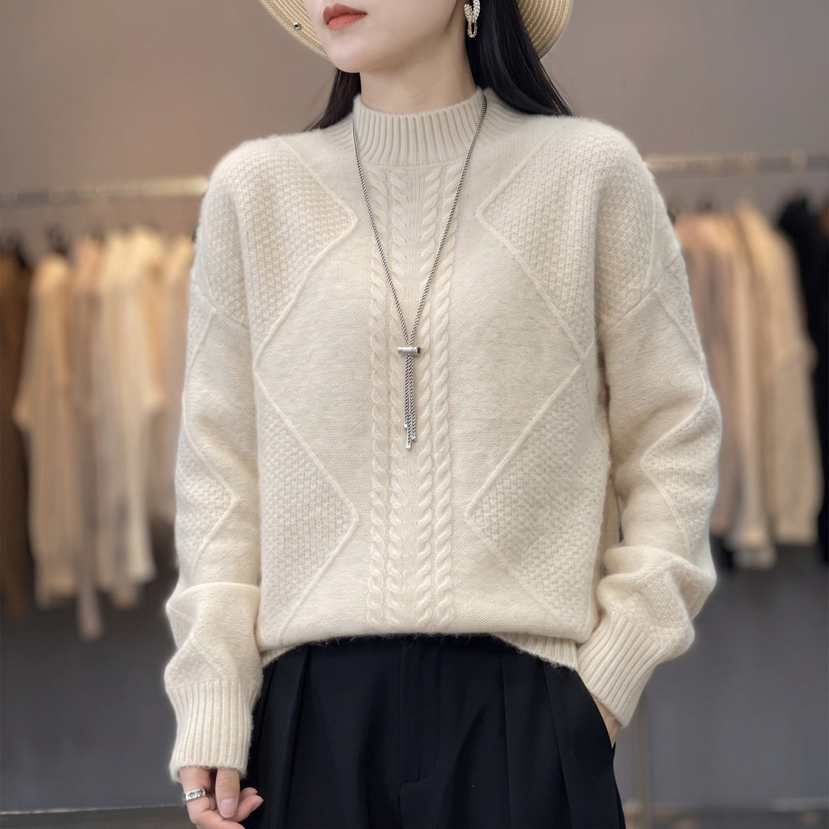 Mia - Women's Cable-Knit Turtleneck Sweater with Ribbed Mock Neck - Sweaters - Cream - Sarvento