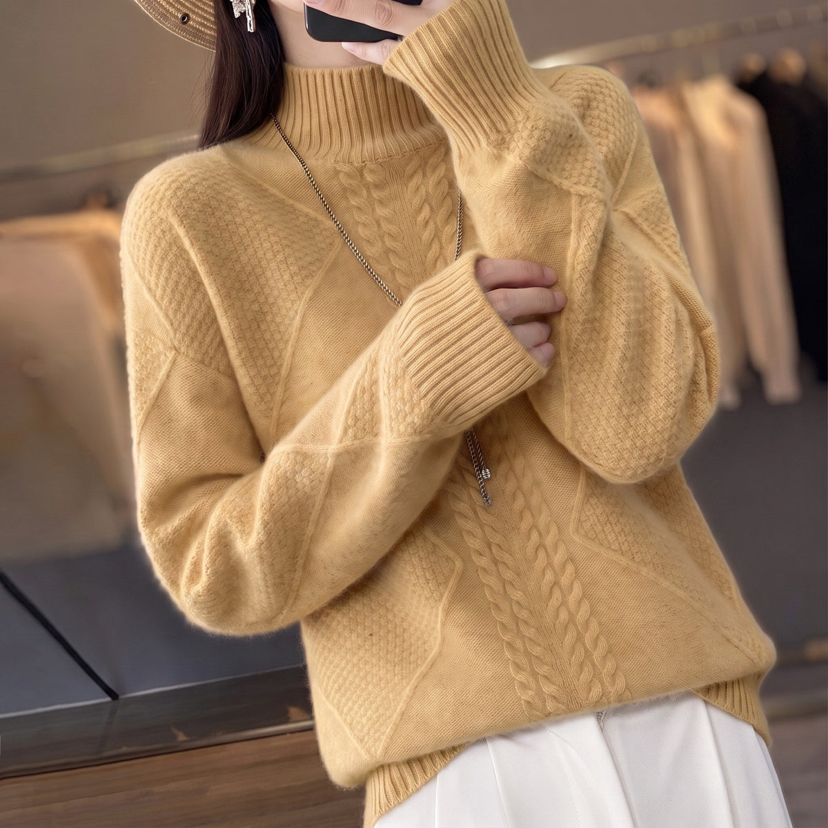 Mia - Women's Cable-Knit Turtleneck Sweater with Ribbed Mock Neck - Sweaters - Light Brown - Sarvento