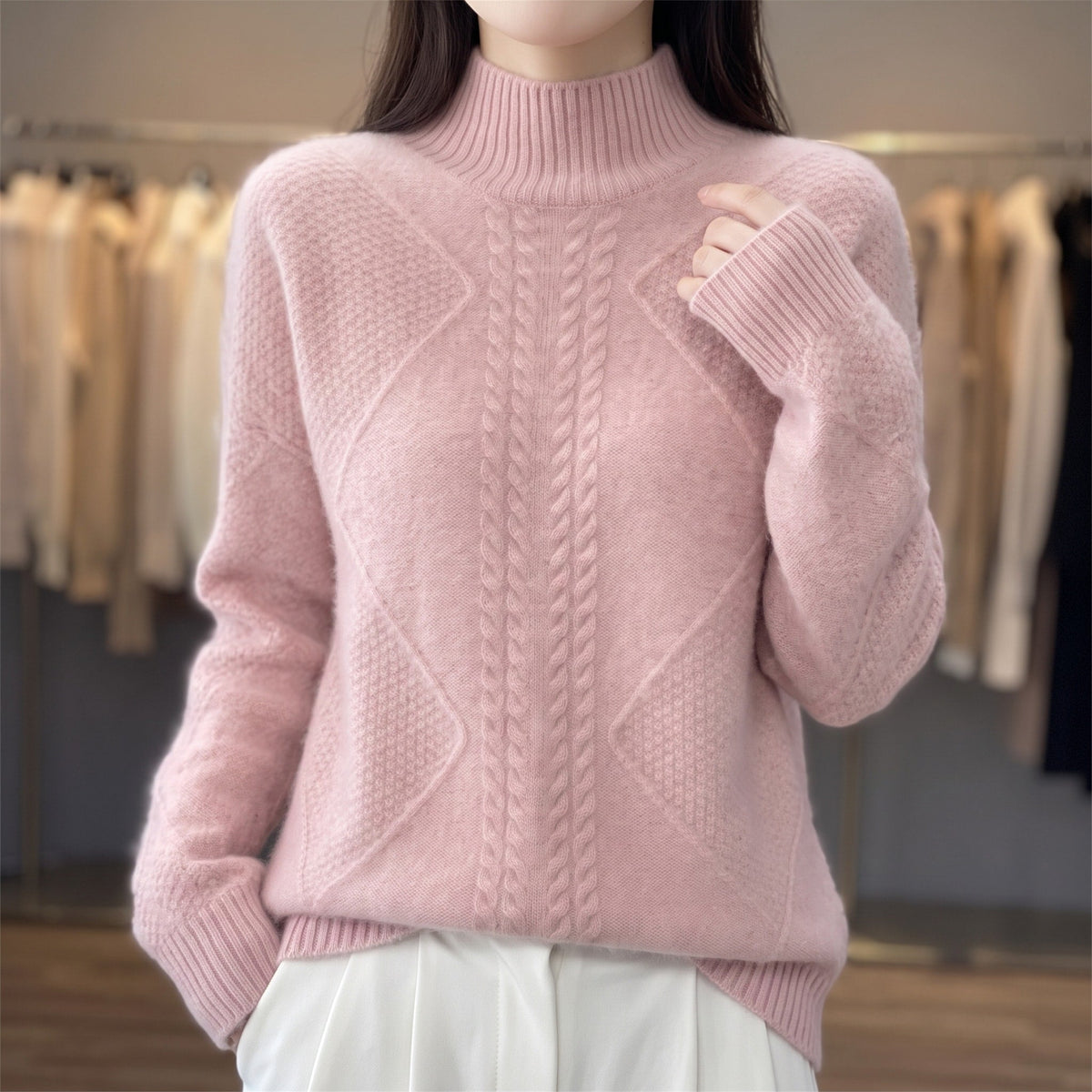 Mia - Women's Cable-Knit Turtleneck Sweater with Ribbed Mock Neck - Sweaters - Light Brown - Sarvento