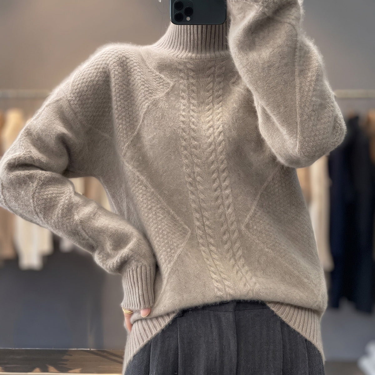 Mia - Women's Cable-Knit Turtleneck Sweater with Ribbed Mock Neck - Sweaters - Pink - Sarvento