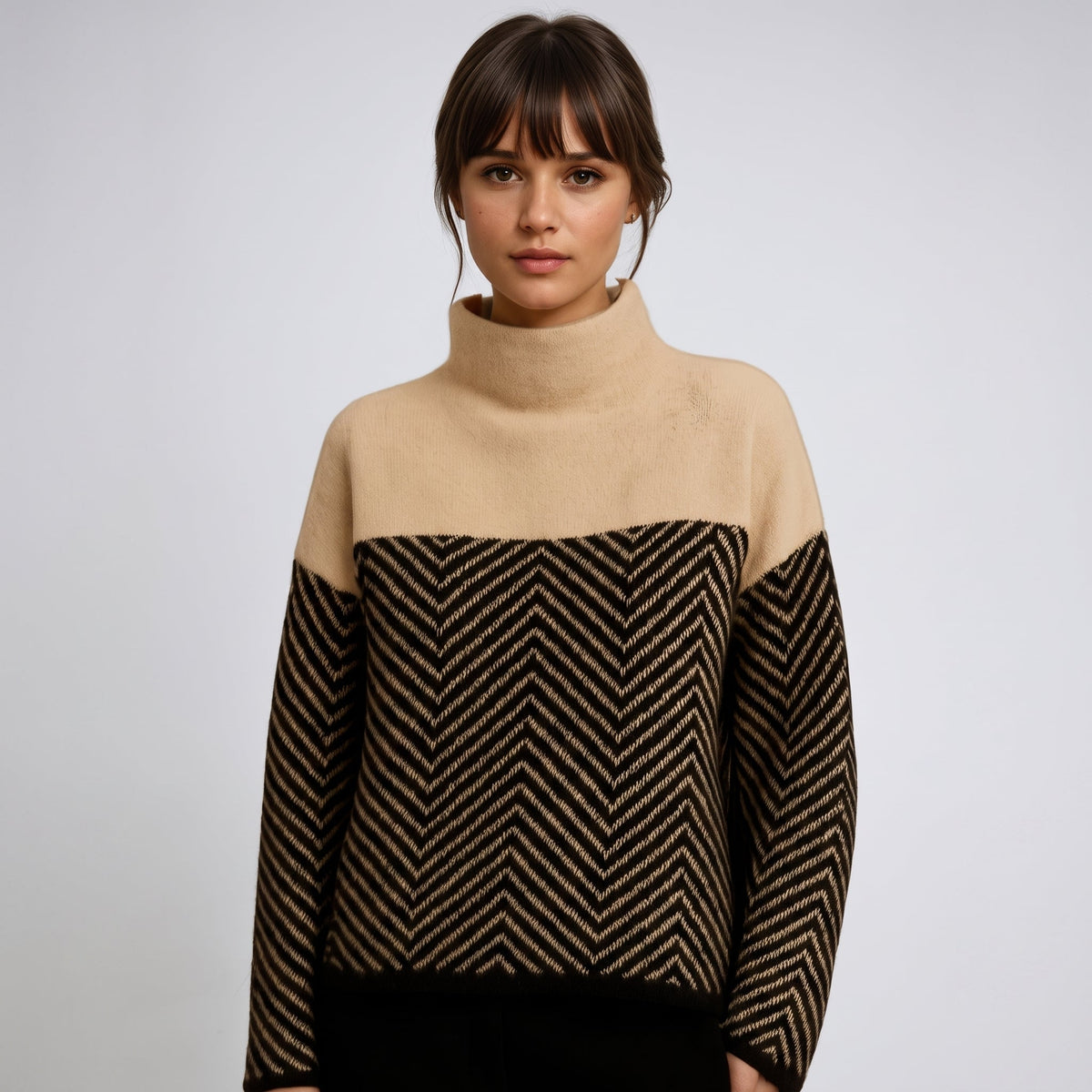 Molly - Women's Chevron Turtleneck Sweater with Colorblock Funnel - Sweaters - Beige - Parker&Brooks