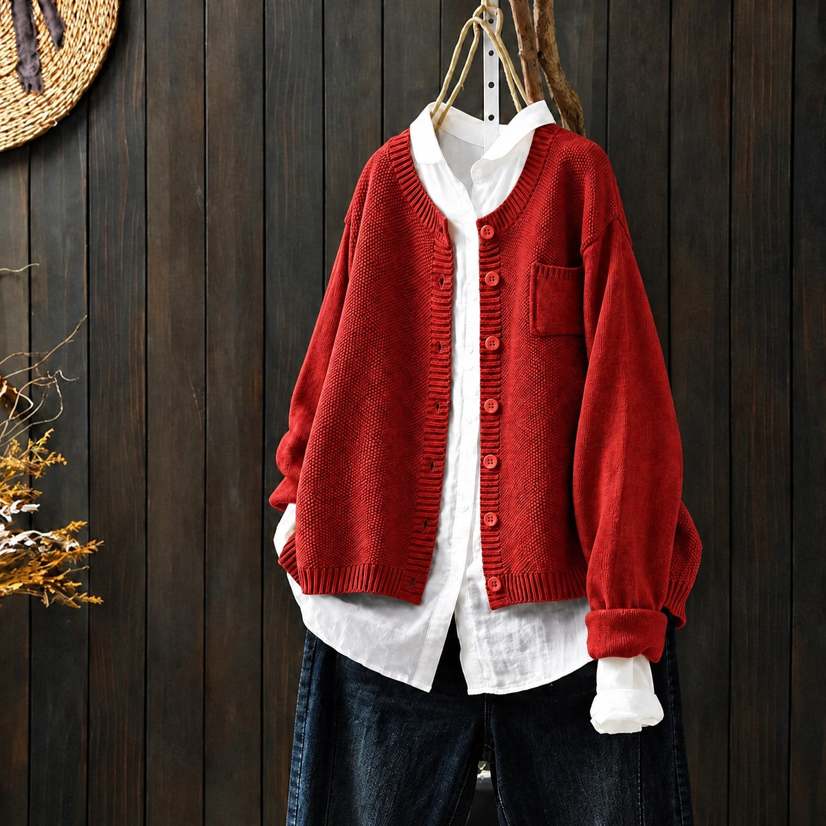 Morgan - Women's Oversized Round Neck Knit Cardigan - Cardigans - Red - Parker&Brooks