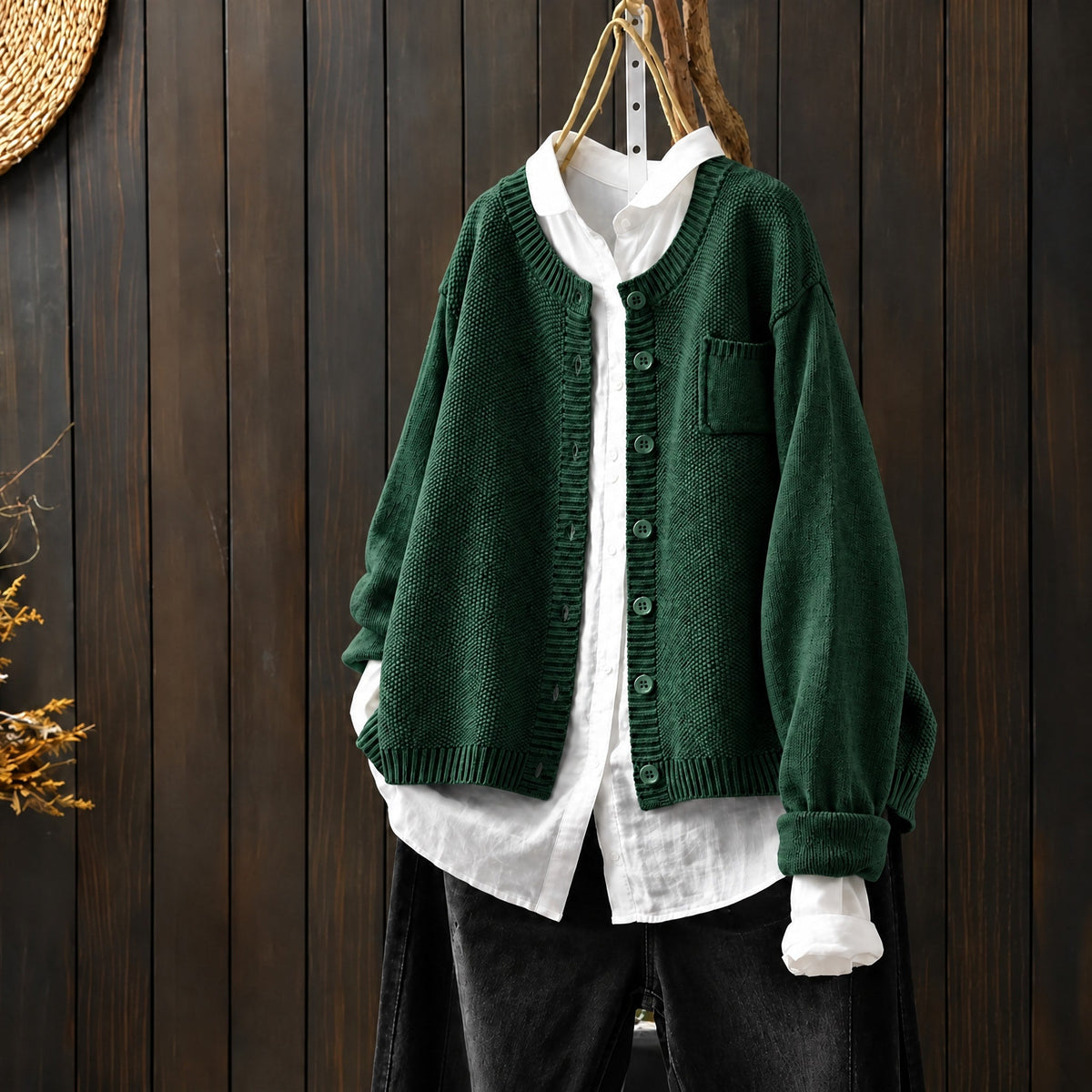 Morgan - Women's Oversized Round Neck Knit Cardigan - Cardigans - Green - Parker&Brooks