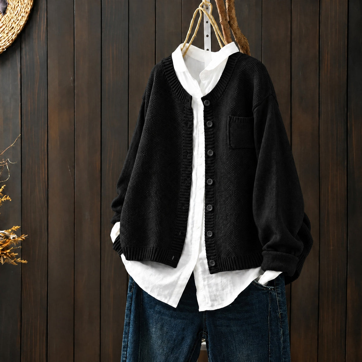 Morgan - Women's Oversized Round Neck Knit Cardigan - Cardigans - Black - Parker&Brooks