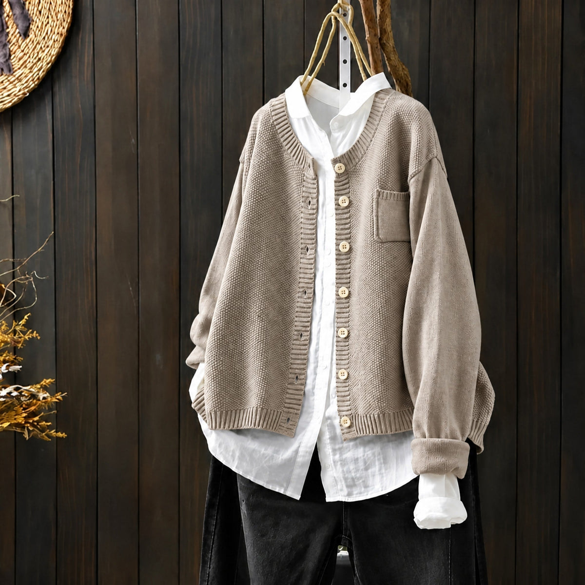 Morgan - Women's Oversized Round Neck Knit Cardigan - Cardigans - Khaki - Parker&Brooks
