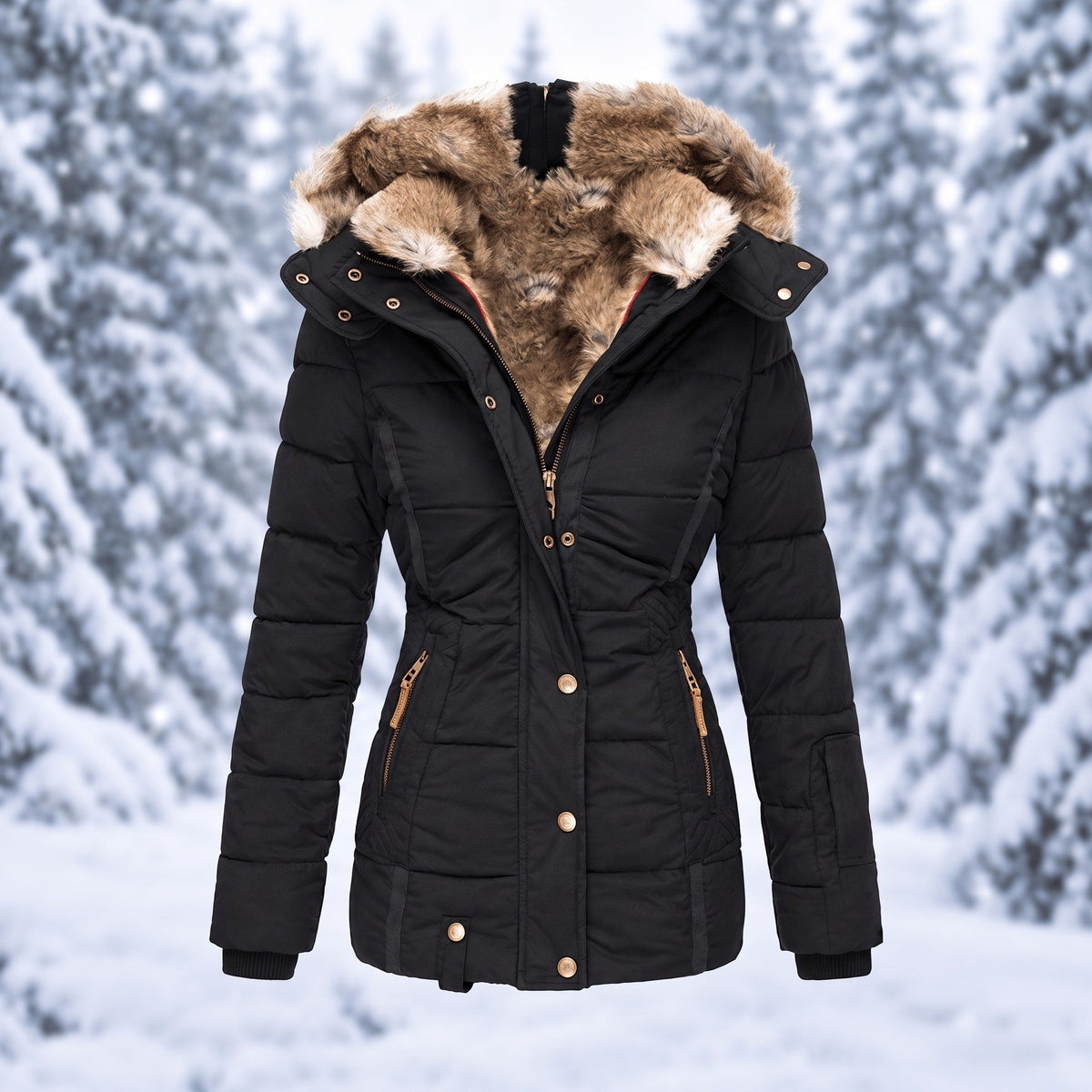 Nadia - Women's Faux Fur Hood Quilted Parka with Zip Pockets - Coats & Jackets - Black - Sarvento