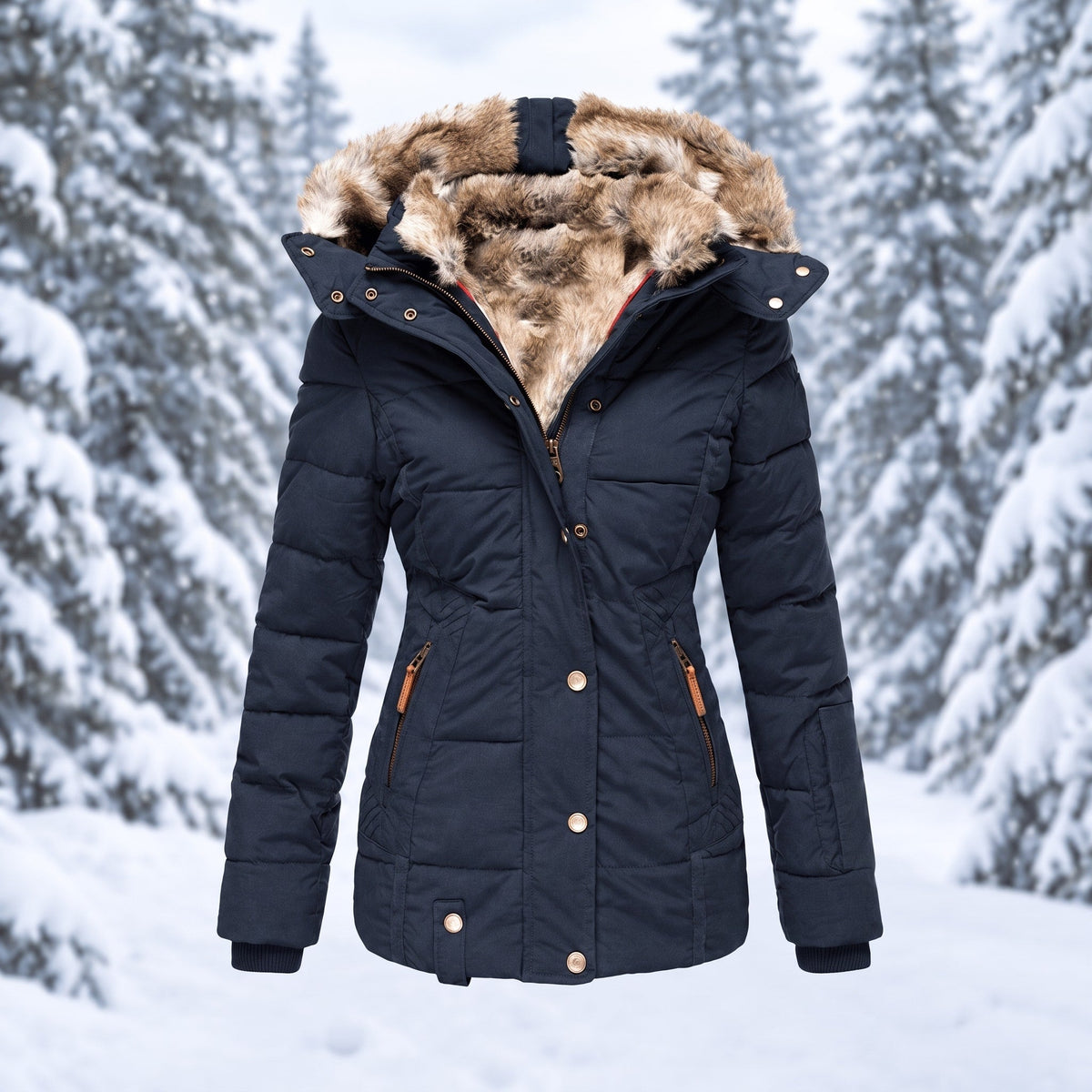 Nadia - Women's Faux Fur Hood Quilted Parka with Zip Pockets - Coats & Jackets - Blue - Sarvento