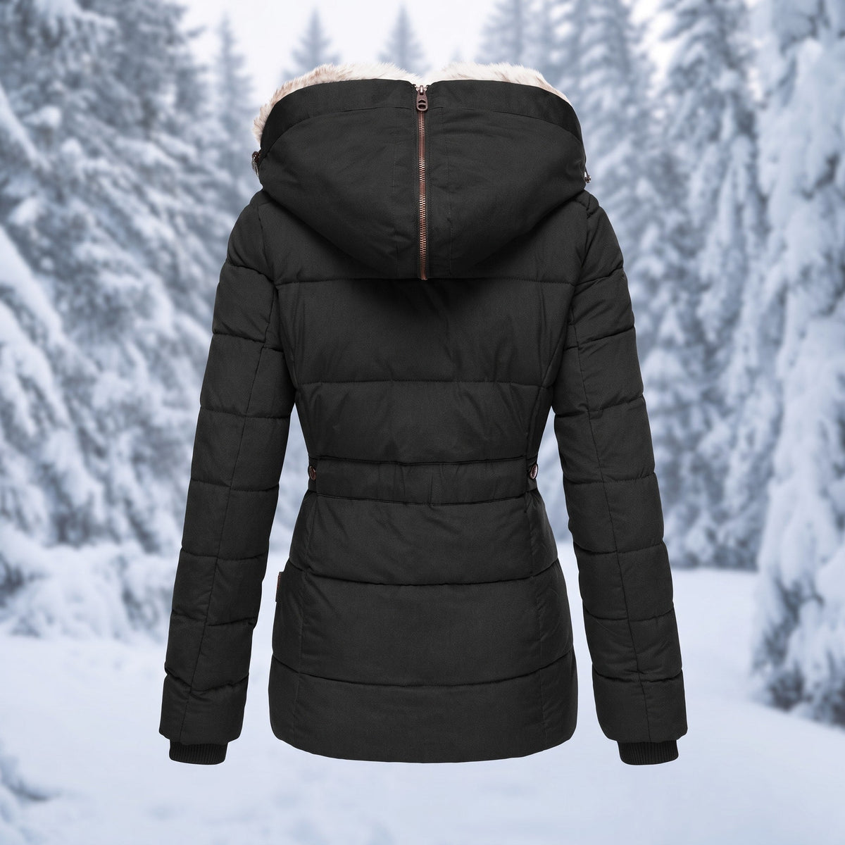 Nadia - Women's Faux Fur Hood Quilted Parka with Zip Pockets - Coats & Jackets - Black - Sarvento