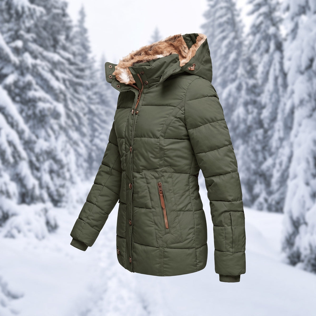 Nadia - Women's Faux Fur Hood Quilted Parka with Zip Pockets - Coats & Jackets - Green - Sarvento