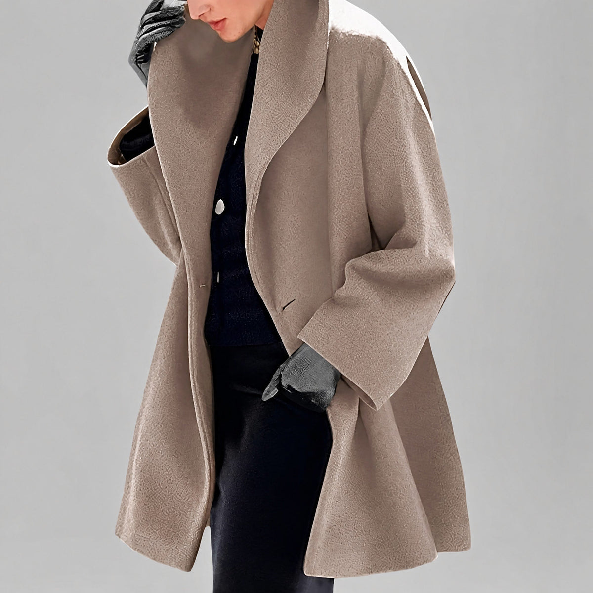 Natalia - Women's Oversized Shawl Collar Longline Coat with Wide Sleeves - Overcoats - Khaki - Parker&Brooks
