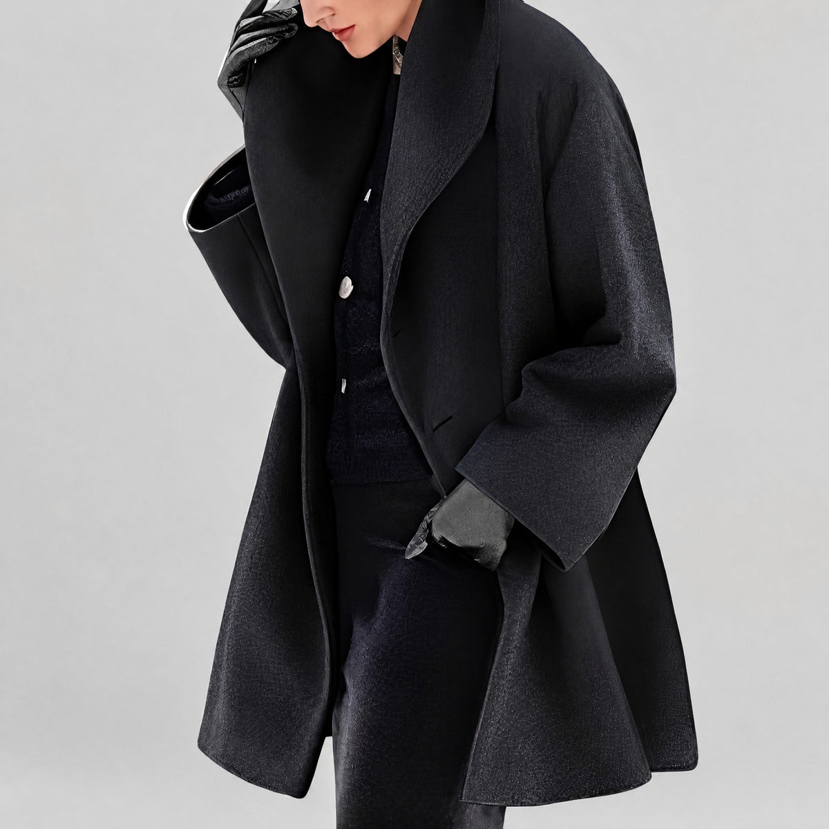 Natalia - Women's Oversized Shawl Collar Longline Coat with Wide Sleeves - Overcoats - Black - Parker&Brooks