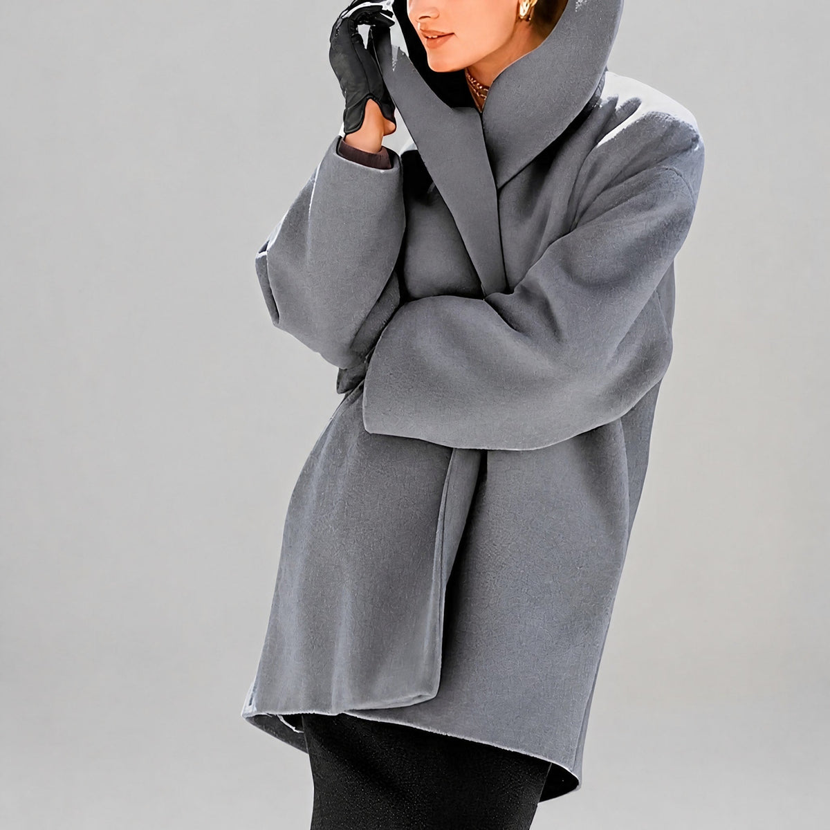 Natalia - Women's Oversized Shawl Collar Longline Coat with Wide Sleeves - Overcoats - Gray - Parker&Brooks