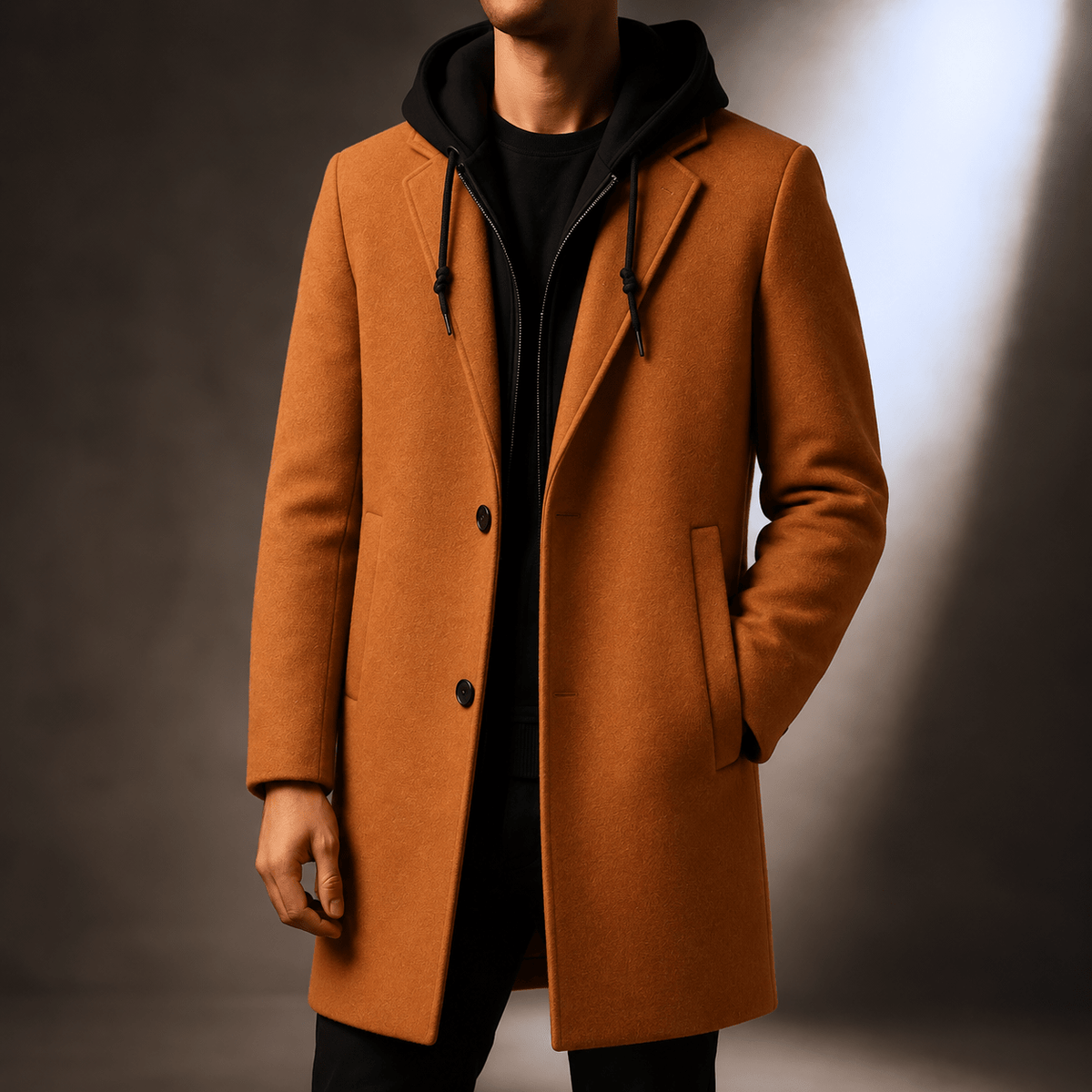 Nathaniel - Men's Hooded Layered Longline Overcoat with Tailored Lapel - Overcoats - Brown - Sarvento