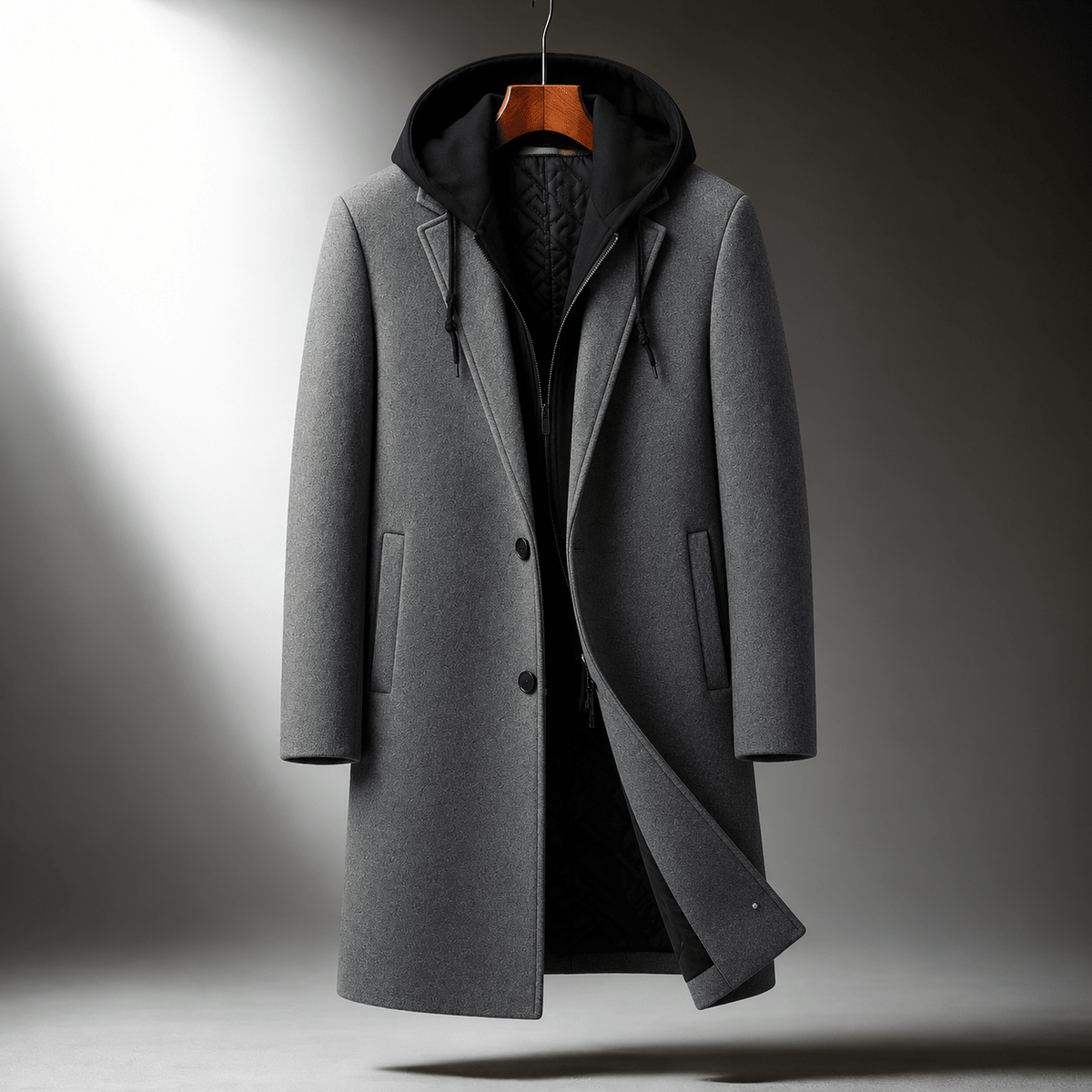 Nathaniel - Men's Hooded Layered Longline Overcoat with Tailored Lapel - Overcoats - Gray - Sarvento