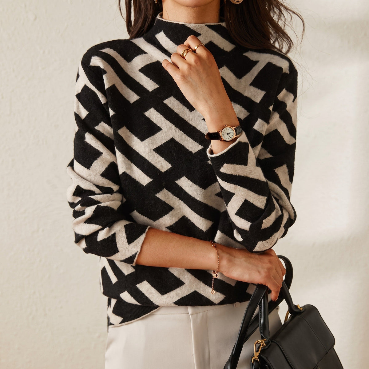 Nina - Women's Geometric Print Mock Neck Sweater with Long Sleeves - Sweaters - Black - Parker&Brooks