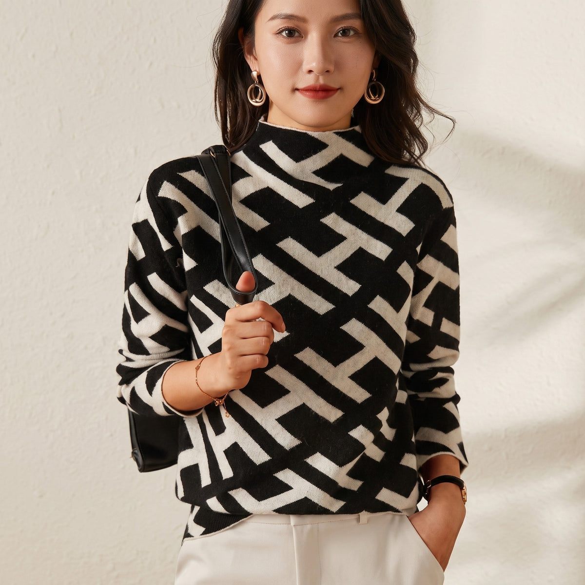 Nina - Women's Geometric Print Mock Neck Sweater with Long Sleeves - Sweaters - Black - Parker&Brooks