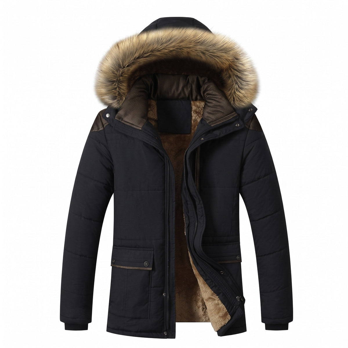 Noah - Men's Hooded Faux Fur Trim Quilted Parka Jacket - Parka Jackets - Black - Sarvento