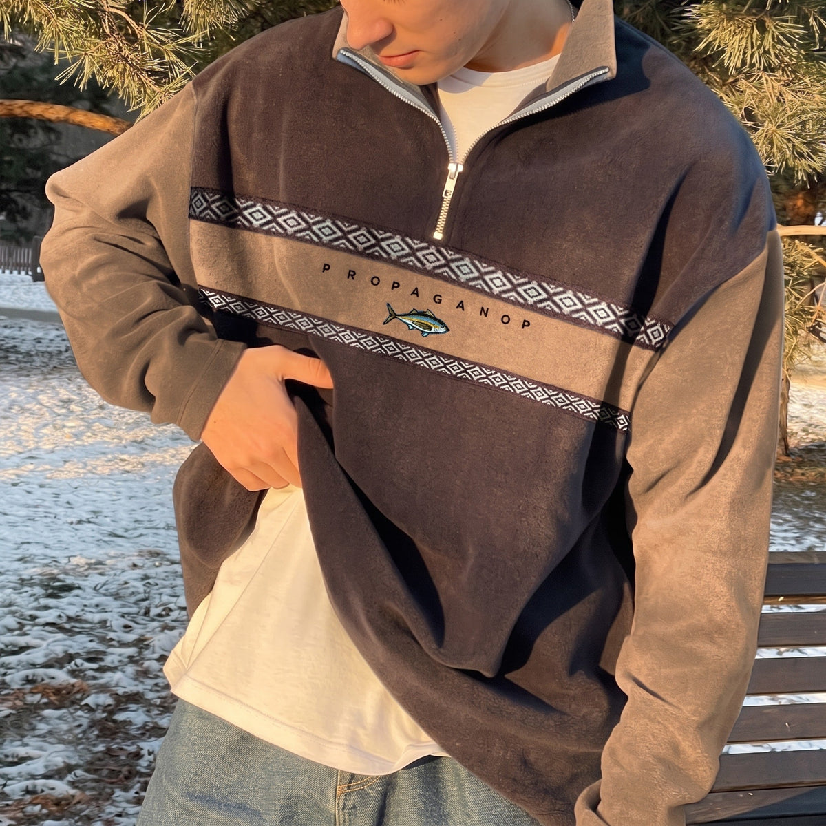 Noah - Men's Quarter-Zip Sweatshirt with Aztec Print Trim - Sweatshirts - Brown - Sarvento