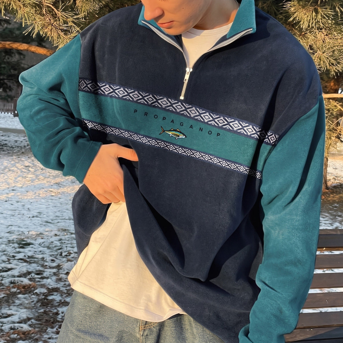 Noah - Men's Quarter-Zip Sweatshirt with Aztec Print Trim - Sweatshirts - Yellow - Sarvento