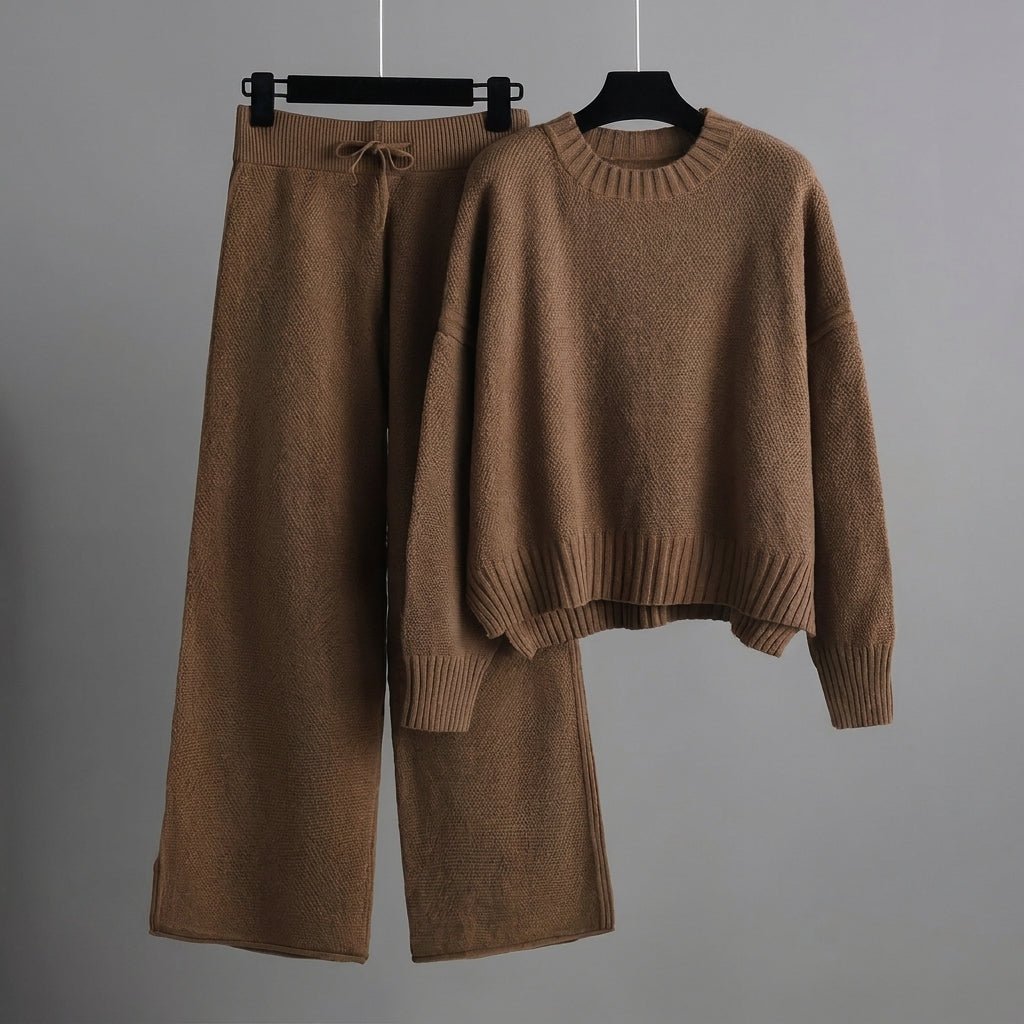 Nora - Women's Boxy Crew Neck Sweater and Wide-Leg Knit Pants Set - Loungewear Sets - Dark Brown - Sarvento